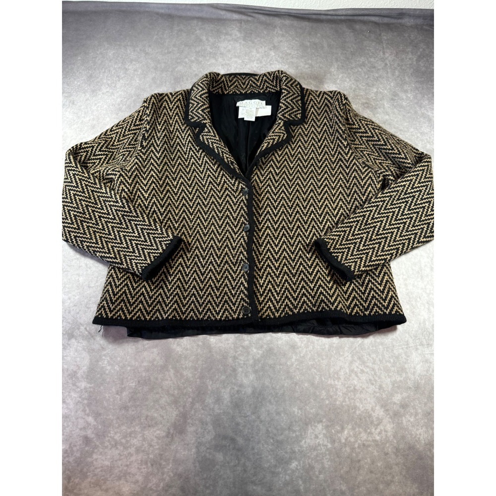 Maggie McNaughton Womens 1X Blazer Jacket Chevron Knit Wool Blend Tan Blk VNTG